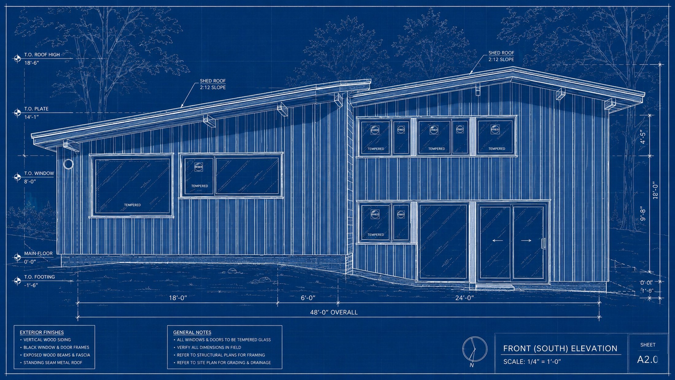 Architectural blueprint — front (south) elevation, RJ Carpentry Inc.